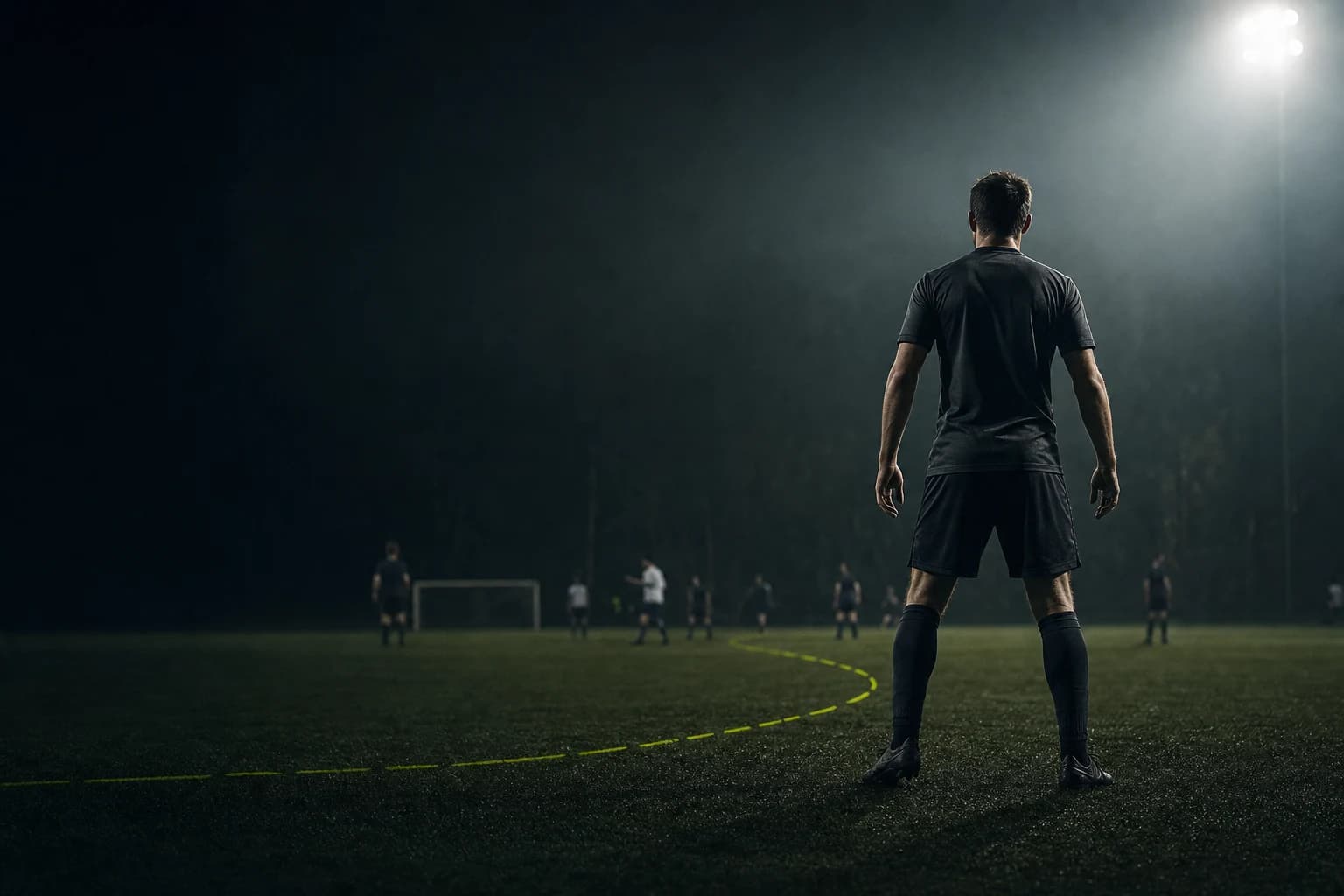 Football player scanning the field under floodlights before a match decision